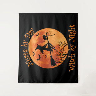 Nurse by Day Witch by Night Funny Halloween Tapestry