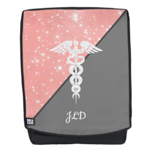 Nurse Caduceus Blush Pink Faux Glitter Monogram Backpack