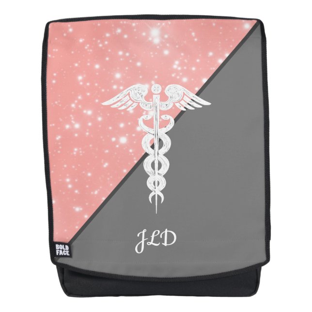 Nurse Caduceus Blush Pink Faux Glitter Monogram Backpack (Front)
