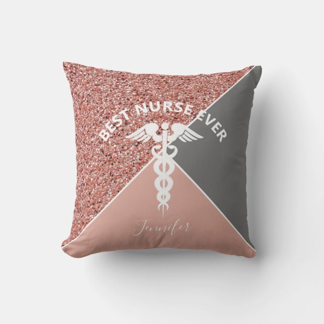 Nurse Caduceus Medical Rose Gold Personalised Name Cushion (Front)