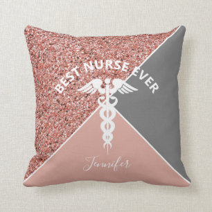 Nurse Caduceus Medical Rose Gold Personalised Name Cushion