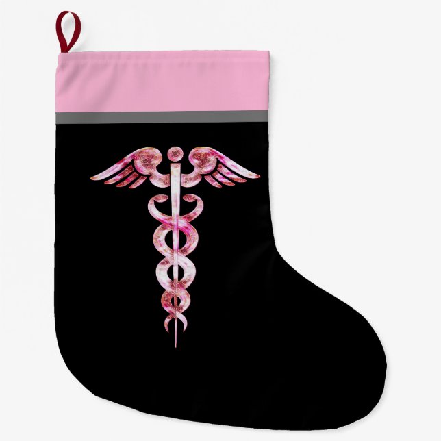 Nurse Caduceus Medical Symbol Black Pink Large Christmas Stocking (Front)