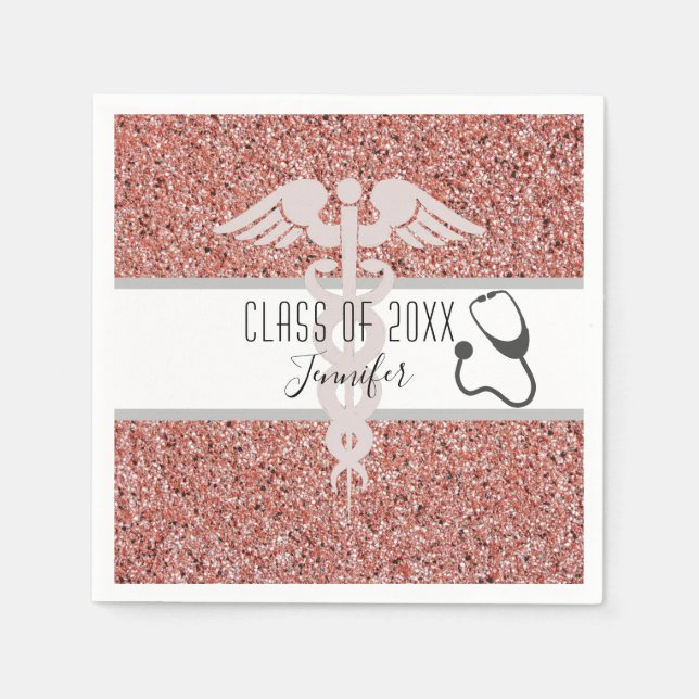 Nurse Caduceus Stethoscope Rose Gold Glitter Napkin (Front)