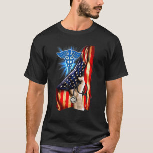 Nurse Caduceus Symbol Medical American Flag Hand P T-Shirt