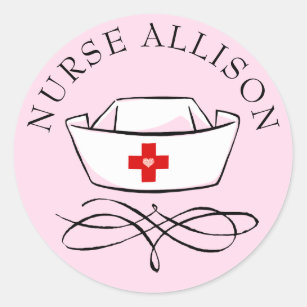 Nurse Cap Add Name Pink Classic Round Sticker