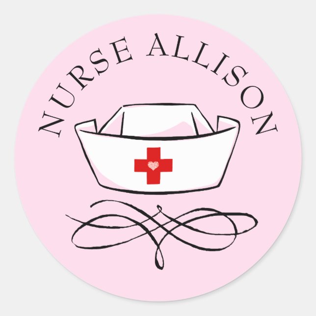 Nurse Cap Pink Personalised Classic Round Sticker (Front)