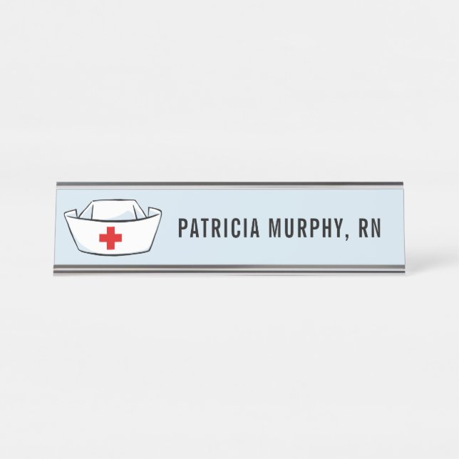 Nurse Cap RN Personalised Name Blue Desk Name Plate (Front)