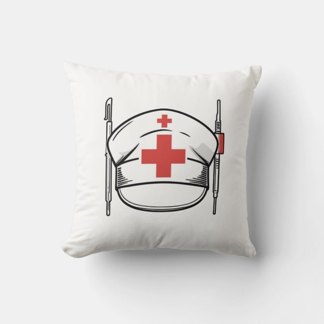 Nurse Cap with Red Cross and Medical Tools Design Cushion (Front)