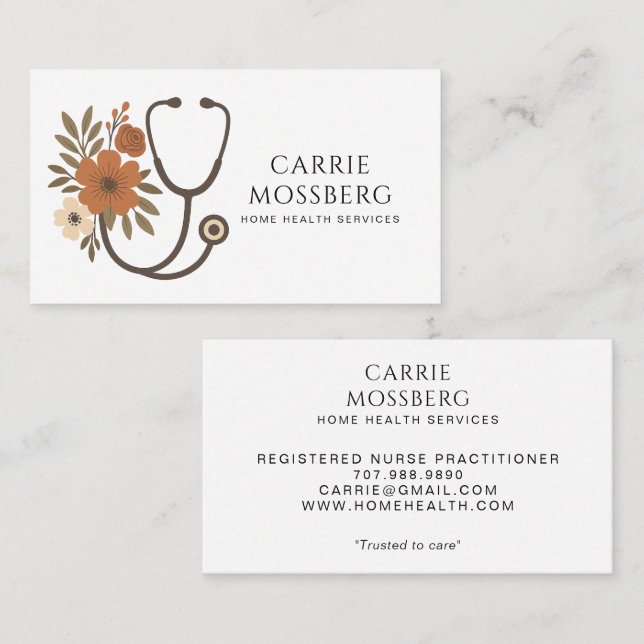 Nurse Caregiver Boho Floral Stethoscope  Business Card (Front/Back)