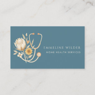 Nurse Caregiver Floral Stethoscope Blue  Business Card