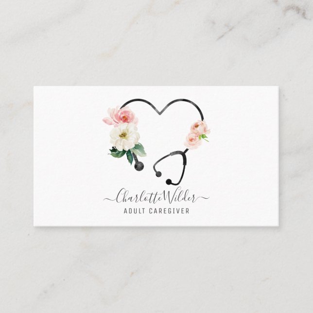 Nurse Caregiver Floral Stethoscope Business Card (Front)