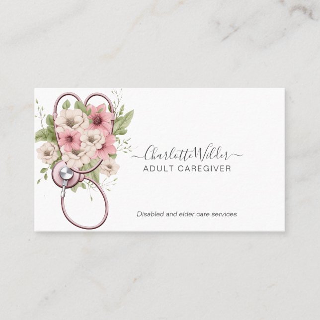 Nurse Caregiver Floral Stethoscope Business Card (Front)
