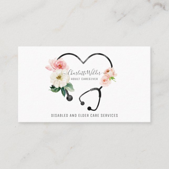 Nurse Caregiver Floral Stethoscope Business Card (Front)
