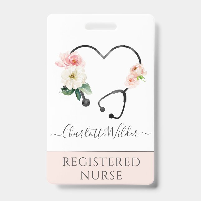 Nurse Caregiver Floral Stethoscope ID Badge (Front)