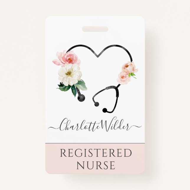 Nurse Caregiver Floral Stethoscope ID Badge (Front)