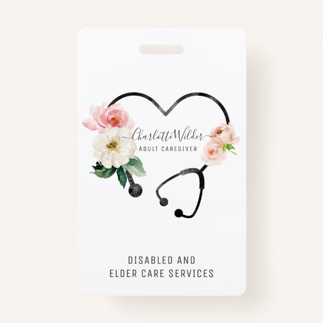 Nurse Caregiver Floral Stethoscope ID Badge (Front)
