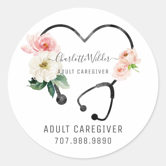 Nurse Caregiver Floral Stethoscope Promotional Classic Round Sticker (Front)