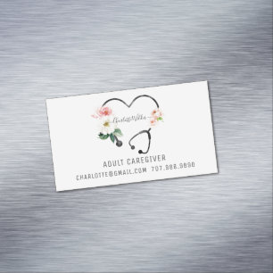 Nurse Caregiver Floral Stethoscope Promotional Magnetic Business Card