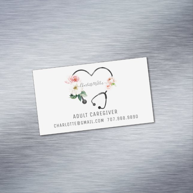 Nurse Caregiver Floral Stethoscope Promotional Magnetic Business Card (In Situ)
