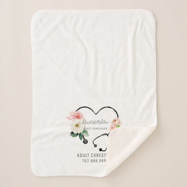 Nurse Caregiver Floral Stethoscope Promotional  Sherpa Blanket (Front)