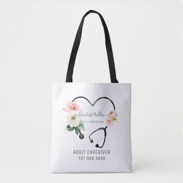 Nurse Caregiver Floral Stethoscope Promotional  Tote Bag (Front)