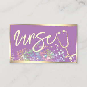 Nurse Caregiver Holographic Glitter Purple Gold Business Card