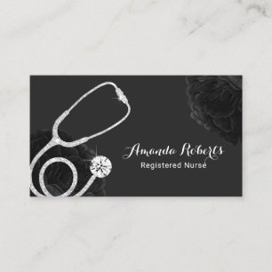Nurse Caregiver Medical Elegant Black Floral Business Card