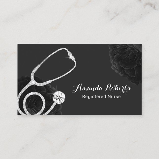 Nurse Caregiver Medical Elegant Black Floral Business Card (Front)
