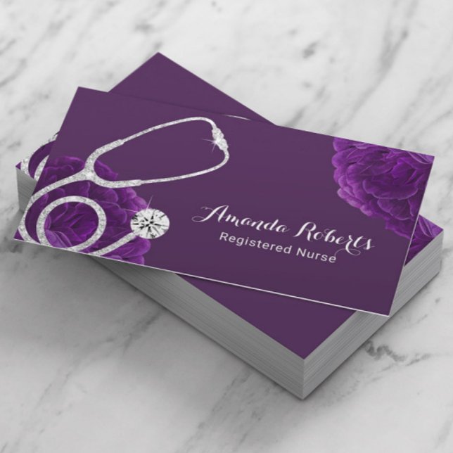 Nurse Caregiver Medical Elegant Purple Floral Business Card (Creator Uploaded)