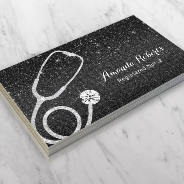 Nurse Caregiver Medical Modern Black Glitter Business Card (Creator Uploaded)