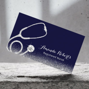Nurse Caregiver Medical Silver Glitter Navy Blue Business Card