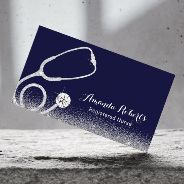 Nurse Caregiver Medical Silver Glitter Navy Blue Business Card (Creator Uploaded)