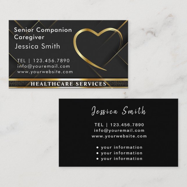Nurse Caregiver Modern Black & golden Medical Care Business Card (Front/Back)