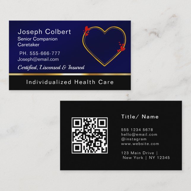 Nurse Caregiver Modern Blue Medical Care QR Code Business Card (Front/Back)