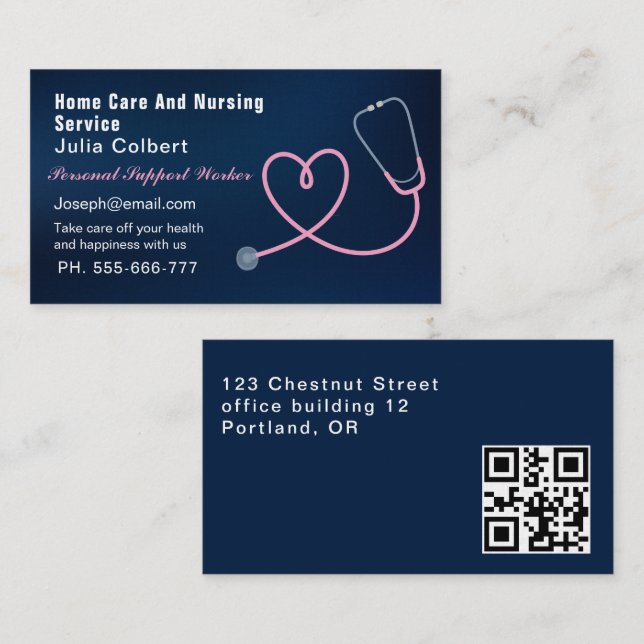 Nurse Caregiver Modern blue Medical qr code Business Card (Front/Back)
