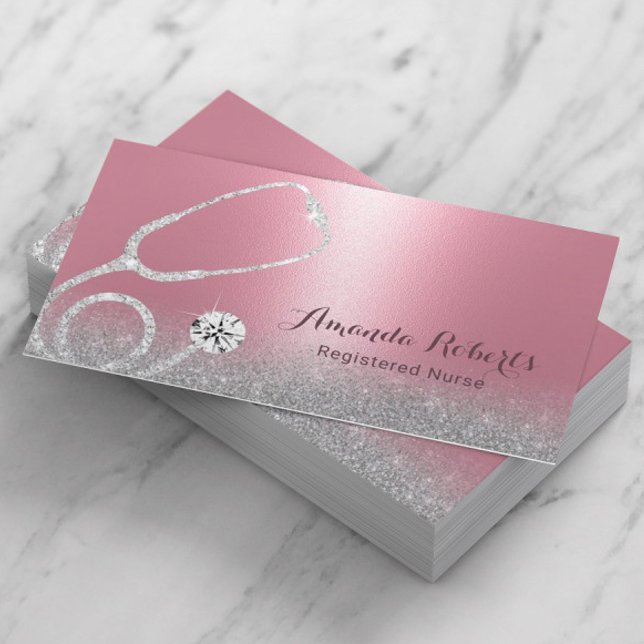 Nurse Caregiver Modern Pink Silver Glitter Medical Business Card (Creator Uploaded)