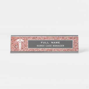 Nurse Case Manager Medical Rose Gold Glitter Desk Name Plate