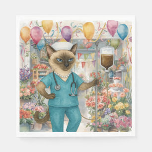Nurse Cat Birthday Party with flowers and balloons Napkin