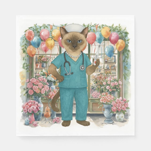 Nurse Cat Birthday Party with flowers and balloons Napkin (Front)