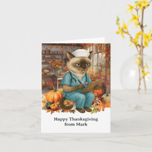 NURSE Cat with Flowers Fall Season Thanksgiving Card