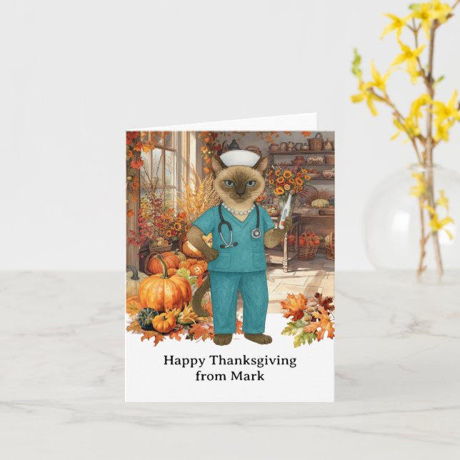 NURSE Cat with Flowers Fall Season Thanksgiving  Card (Yellow Flower)