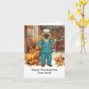 NURSE Cat with Flowers Fall Season Thanksgiving Card