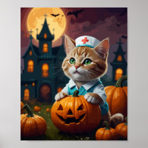 Nurse cat with Halloween pumpkin