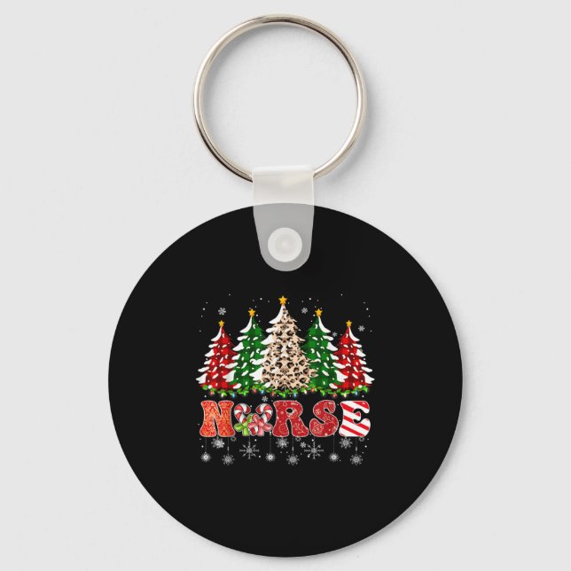 Nurse Christmas Tree Leopard Buffalo Plaid Red Gre Key Ring (Front)