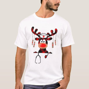 Nurse Cute Red Plaid Reindeer Wear Stethoscope For T-Shirt