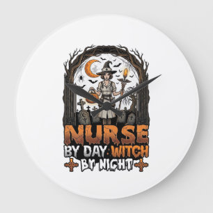 Nurse Day Witch Night Halloween Cemetery Pumpkin_1 Large Clock