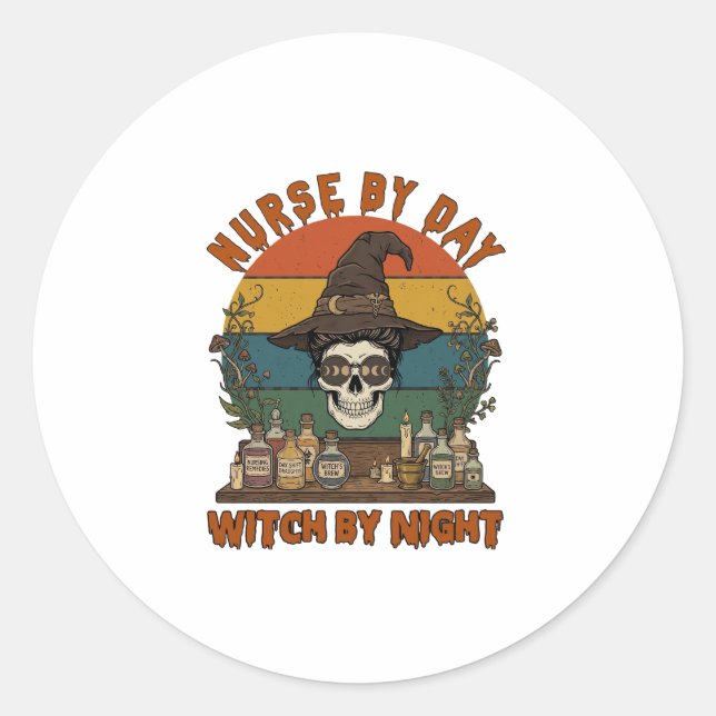 Nurse Day Witch Night Halloween Skull Potions_1 Classic Round Sticker (Front)