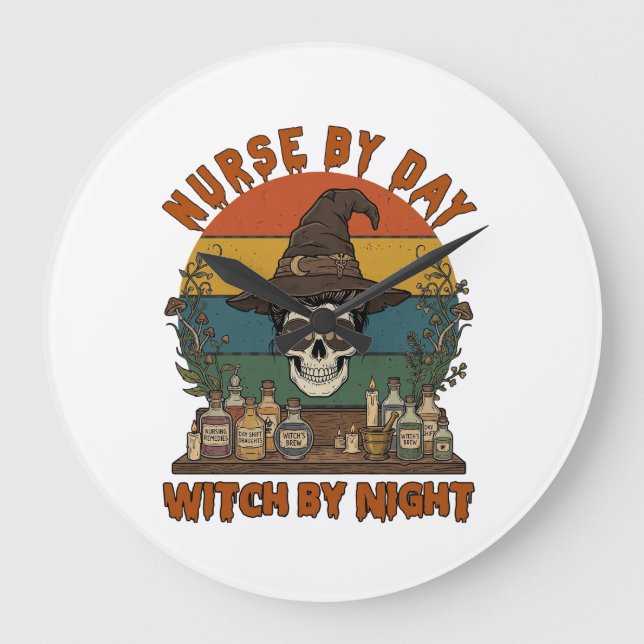 Nurse Day Witch Night Halloween Skull Potions_1 Large Clock (Front)
