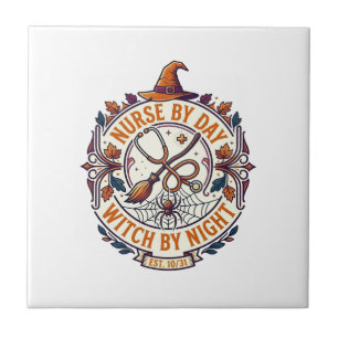 Nurse Day Witch Night Halloween Stethoscope Broom_ Tile