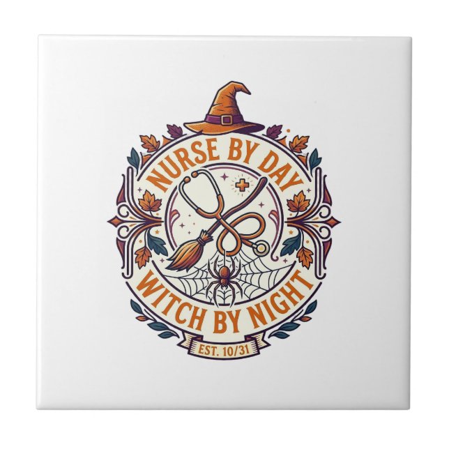 Nurse Day Witch Night Halloween Stethoscope Broom_ Tile (Front)